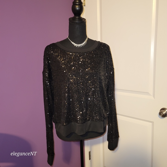 Calvin Klein Jeans Black Sequin Top Sz: L - Picture 2 of 9